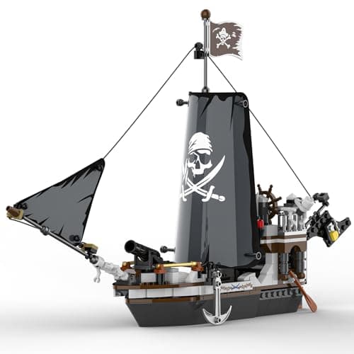 Xbert Pirate Ship Building Sets, Black Ship Toys with Cannons, Anchor, Interior Cabin and Skeleton, Nautical Adventure Boat Building Blocks Kit for Kids, for Boys