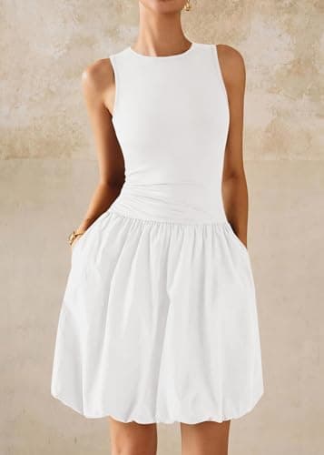 KIRUNDO Summer Bubble Dress for Women 2026 Casual Mini Spring Bodycon Cocktail Dresses Sleeveless Drop Waist Sundress Beach(Beige White, X-Large) - Thumbnail 5