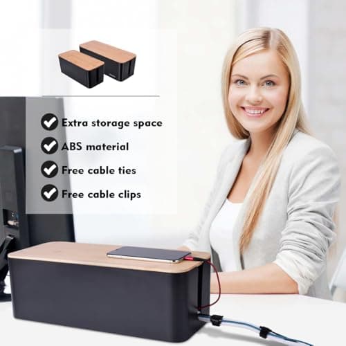 2 Pack Large Cable Management Box – Wooden Style Cord Organizer Box and Cover for TV Wires, Computer, Router, USB Hub and Under Desk Power Strip – Safe ABS Material and Baby-Pets Proof Lock (Black) - Thumbnail 4