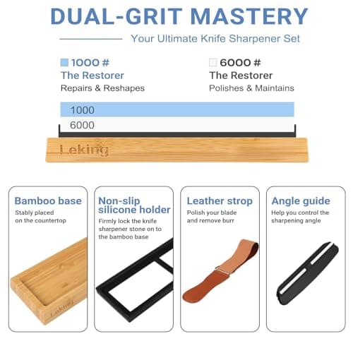 Leking Professional Knife Sharpener & Sharpening Stone Set: 1000/6000 Grit Dual-Sided Whetstone(7"x2.4"x1.2") with Bamboo Base, Non-Slip Silicone Holder, Angle Guide & Leather Strop Kit - Thumbnail 2