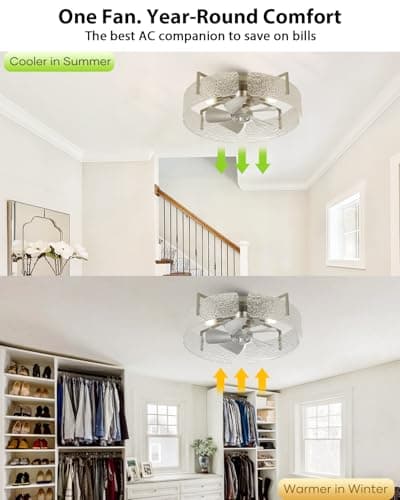 CalorHoga 20" Low Profile Caged Ceiling Fan with Light, Modern Flush Mount Ceiling Fans with Remote, Silver Fandelier Ceiling Fan with Reversible DC Motor, Small Ceiling Fans for Bedroom Living Room - Thumbnail 5