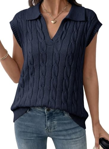 Dokotoo Vest Tops for Women V Neck Lapel Collar Cable Knit Women Vest Cable Knit Womens Vest Top 2025 Trendy Blue Small - Image 1