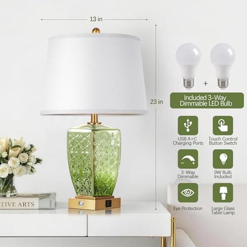 QiMH Glass Table Lamps for Living Room, Modern Bedside Lamps for Night Stands with USB A+C Ports, 3-Way Dimmable Touch Lamp for Bedroom Set of 2 with White Linen Shade Home Decor, Green - Thumbnail 5
