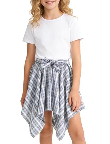 PATPAT Girls 2 Piece Skirt Sets Size 9-10 Years, White Shirts + Blue Plaid Skirts Clothing Sets Summer Outfits, Downtown Girl Clothes Y2K Outfits Streetwear - Image 1