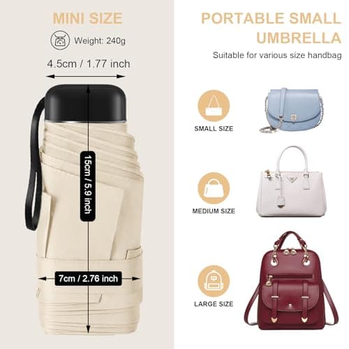Mini Travel Umbrella with Case Small Compact Lightweight for Purse Beige - Thumbnail 5
