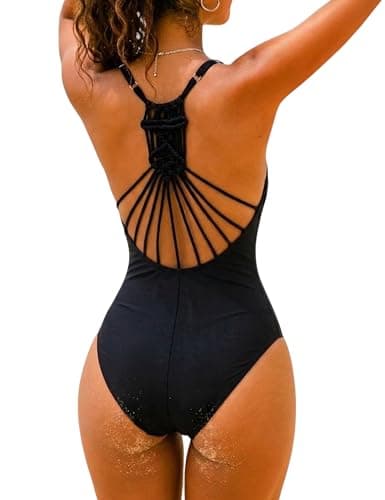 Hilor Plus Size Swimsuit for Women Sexy Macrame Back Swimwear Ruched Tummy Control Bathing Suit Black 16 - Image 1