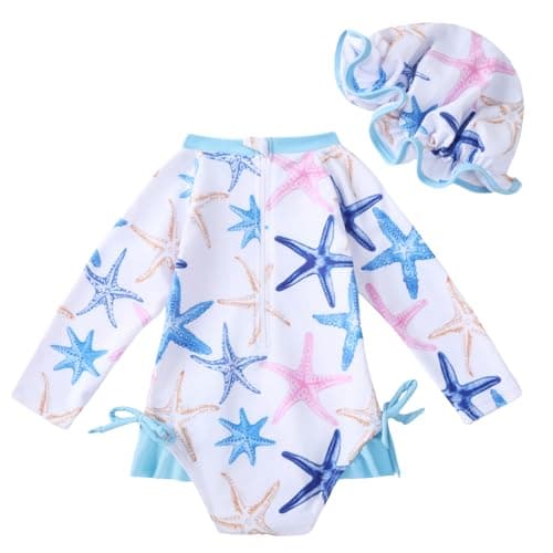 AMAWMW Infant Baby Girl Swimsuit Long Sleeve One-Piece Swimwear with Hat Rash Guard Floral Zipper Bathing Suit Beach Wear - Thumbnail 4