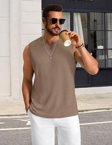 COOFANDY Mens Casual Knit Tank Sleeveless v Neck tee Shirts Textured Beach Breathable Tanks, Khaki, XX-Large - Thumbnail 3
