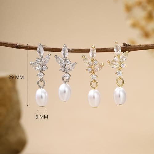 Solistra Pearl Earrings for Women Dainty Diamond Pearl Drop Dangle Earrings 14k Gold Plated for Weddings Bridesmaid Gifts - Thumbnail 6