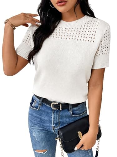 RICHSTORY Summer Sweaters for Women Casual Crew Neck Short Sleeve Shirts Cute Hollow Out Knit Pullover Sweater Tops Trendy Fall Fashion Clothes White X-Large - Image 1