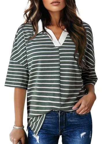 Dokotoo Summer Short Sleeve Shirts for Women 2026 Summer T Shirts for Women Dressy Casual Green Striped Trendy Polo Shirts Cute Crop Tops Womens Blouses Color Block Womens Clothes Clothing S - Image 1