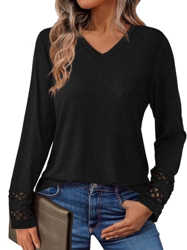 GKBK Women’s Long Sleeve V Neck Tunic Top Casual Dressy Blouse Business Loose Fit Trendy 2025 Fall Outfits Black XXL - Image 1