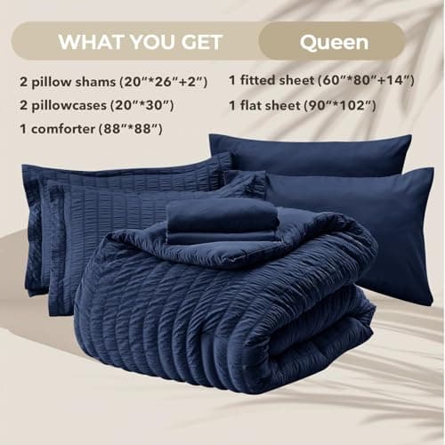HYMOKEGE Navy Blue Queen Comforter Set Seersucker 7 Pieces, All Season Luxury Bed in a Bag for Bedroom, Bedding Set with Comforters, Sheets, Pillowcases & Shams - Thumbnail 6