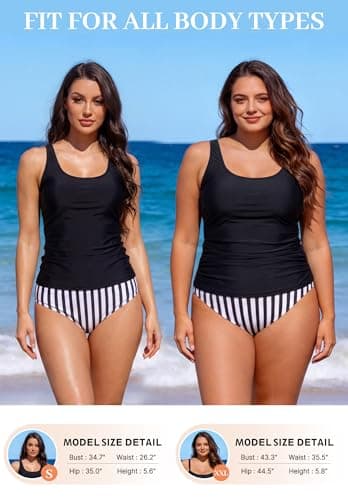 Trifabricy Tankini Swimsuits for Women - Two Piece Ruched Tummy Control Bathing Suits Adjustable Straps Women's Tankinis Swimsuit with Bikini Bottoms Black, X-Large - Thumbnail 6