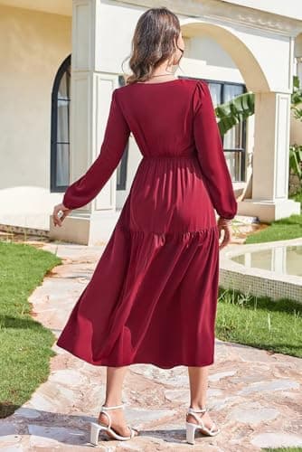 Dokotoo Dresses for Women 2026 Long Sleeve V Neck Smocked Empire Waist Ruffle Tiered Swing Split Maxi Dress Teacher Dresses Red Small - Thumbnail 4