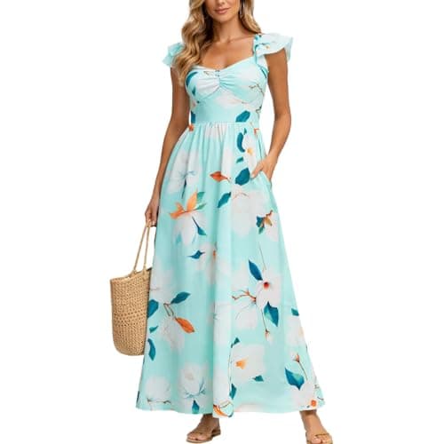 materasu Women Floral Print Midi Dress with Pocket Square Neck Ruffle Sleeve Casual Summer Dress - Image 1