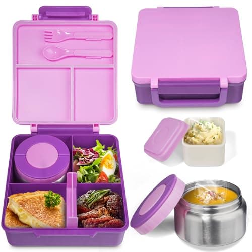 SOHIDA Bento Box with 10oz Soup Thermo: Kids Leakproof Lunch Box with 3 Compartments - Dishwasher Safe and BPA-Free - Vacuum Insulated Food Jar Suitable for Kids Back to School, Travel - Purple - Image 1