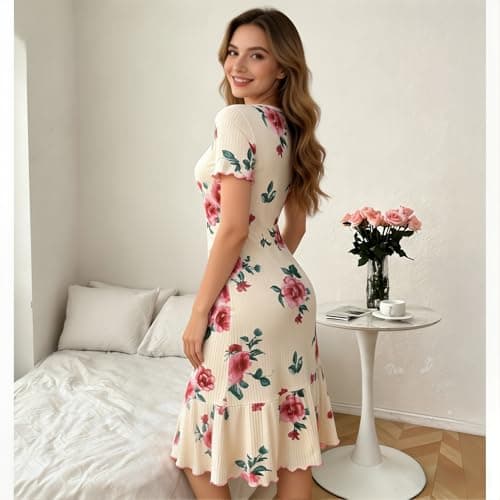 Eternatastic Women's Floral Print Short Sleeve Nightgown Crew Neck House Dresses Loungewear Ribbed Sleep Dress Nightshirt M Beige - Thumbnail 3