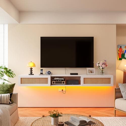 FurniNova 70" Floating TV Stand with Natural Rattan Doors, Boho Wall Mounted Media Console for 75 80 85 inch TV, Extra Long Entertainment Center with 3 Cabinets, Storage & Cable Holes, White - Image 1