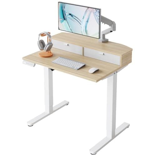 HUANUO 32 x 21 inch Small Electric Standing Desk with 2 Drawers, C-Clamp Mount Compatible, Height Adjustable Sit Stand Desk, Home Office Stand Up Desk with 4 Memory Height Settings, Light Walnut