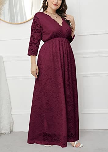 Eternatastic Womens Maxi Dress Evening Party 2/3 Sleeves Lace Long Dress XL Deep Red - Thumbnail 5