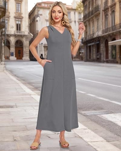 MISFAY Women Summer Maxi Dress 2026 Sundress Wrinkle-Free Casual Beach Long Dress Sleeveless V Neck Vacation Maxi Dresses with Pockets Dark Gray - Thumbnail 3