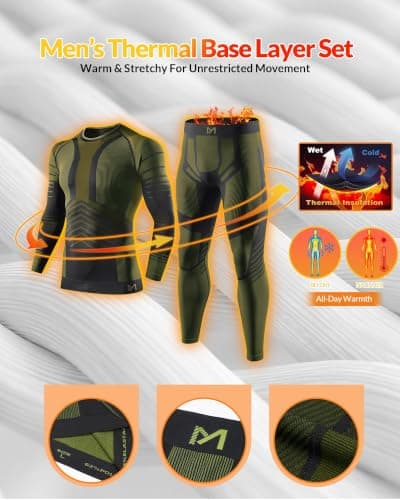 MeetHoo Mens Thermal Underwear Set Seamless Fleece Lined Base Layer Sports Long Johns Winter Gear Running Skiing Green - Thumbnail 4