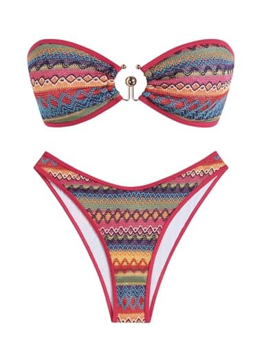 ZAFUL Women's Colorblock Stripes Bikini Sets Cheeky Boho Geo Print Color O Ring Bandeau Bathing Suit for Beach Holiday (Boho Wine Red L) - Image 1