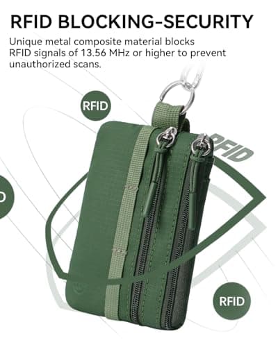 BOSTANTEN Small Wallet RFID, Minimalist Zip ID Case Wallet with Lanyard Keychain, Water Resistant Card Wallets for women & Men, Green - Thumbnail 6