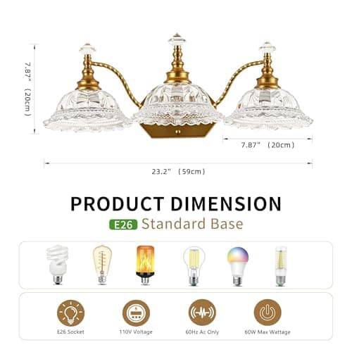PUAMUBUA Vintage Bathroom Vanity Light Fixtures, 3-Light Brass Light Fixtures Over Mirror with Crystal Glass Flower Shade, Mid Century Farmhouse Wall Mount Lighting for Living Room, Kitchen - Thumbnail 2