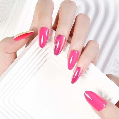 ZANVIA Nails Press Ons Almond - Hot Pink Glossy Iridescent Reusable Acrylic False Nails for DIY Manicure, 24 Nails in 12 Sizes with Glue, Adhesive Tabs, Nail File, Prep Pad, Manicure Stick - Image 1