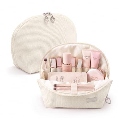 EPEDAL24 Parallel Traveler Makeup Bag, Shell Shape Magnetic Hold-Open Cosmetic Bag, Fold-Down Design, Large Capacity Waterproof Organizer with Compartments for Travel Essentials, Off White - Image 1