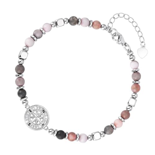 Compass Beaded Bracelet for Women -Natural Stone Silver Bracelet Dainty Womens Adjustable Stackable Link Bracelets Trendy Jewelry Gifts for Travel Going-Away Graduation for Friend Daughter Sister ﻿ - Image 1