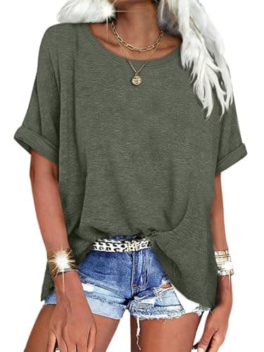 UNCLECAT Womens Oversized Round Neck Shirts Summer Casual Loose Tops 2026 Short Sleeve Workout T-Shirts Army Green - Image 1
