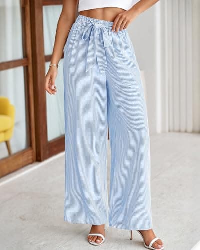 BTFBM Pants for Women 2026 Spring Clothes Striped High Waist Tie Knot Dressy Casual Wide Leg Palazzo Work Trousers Pants(Light Blue, XX-Large) - Thumbnail 2