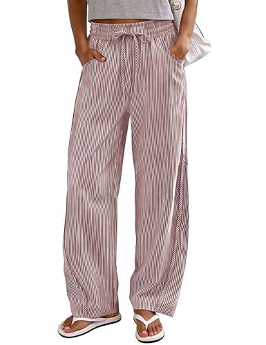 Jianzhixiao Women's Striped Barrel Pants Drawstring Waist Wide Leg Trousers Pockets Casual Comfort for Office Lounge Travel(Pink-L) - Image 1