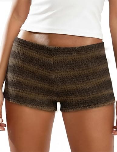 IWOLLENCE Women's Striped Micro Shorts Knit Low Rise Y2K Going Out Bottoms Booty Mini Shorts Pj Casual Gingham Short Loungewear Coffee Black, XS - Image 1