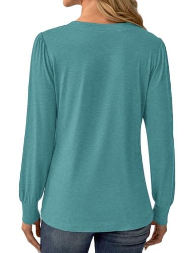 GKBK Women's Puff Long Sleeve Tunic V Neck Button Blouses Fall Tops Trendy Dressy Casual Business Henley Shirts Cyan L - Thumbnail 2