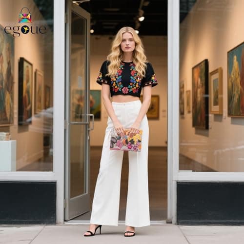 EGOUE Clutch Purses for Women, Embroidered Floral Clutch Bag with Leather Wrist Strap for Daily Travel, Parties & Wedding - Thumbnail 2