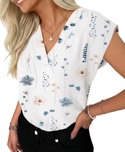 GKBK Women Tops Cap Sleeve Textured Dressy Casual V Neck Shirts 2026 Summer Business Work Blouses Outfits White Floral M - Image 1