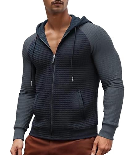 Lightweight Jacket for Men Long Sleeve Zip Up Hoodie Casual Waffle Knit Plaid Jacquard Sweatshirt Jacket with Pocket - Image 1