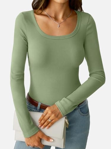 GKBK Long Sleeve Tops for Women Ribbed Knit Scoop Neck Slim Fitted Tight Basic Tee Shirts Lightweight Fall Sweaters 2025 Fashion Trendy Outfits Light Green - Thumbnail 3
