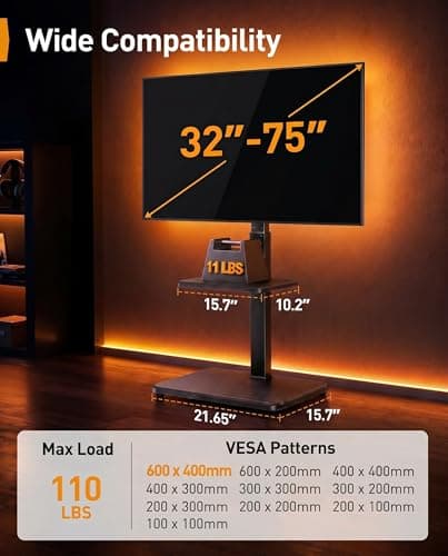 Perlegear Floor TV Stand with LED Light for 32”-75" TVs, Tall TV Stand with Swivel and Tilt, 12 Height Levels TV Mount Stand, Solid Wood Base up to 110 lbs for Living Room, Max VESA 600x400mm, PGFS21B - Thumbnail 3
