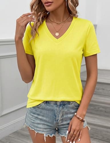 LaGracia Women's Cotton T Shirt V-Neck Short Sleeve Shirt Classic-Fit Casual Breathable Tee Summer Basic Tops Yellow L - Thumbnail 5
