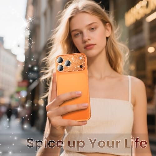 YWXTW for iPhone 17 Pro Camera Lens Protector, [Upgraded Glitter Design] Full Bling Sparkly Diamond Tempered Glass Screen Protector Metal Camera Cover Accessories (Glitter Orange, iPhone 17 Pro) - Thumbnail 6