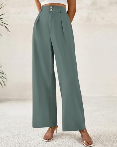 BTFBM Women Wide Leg Dress Pants 2026 High Waisted Button Pleated Business Casual Trousers Office Work Palazzo Pants(Grey Green, Medium) - Thumbnail 2