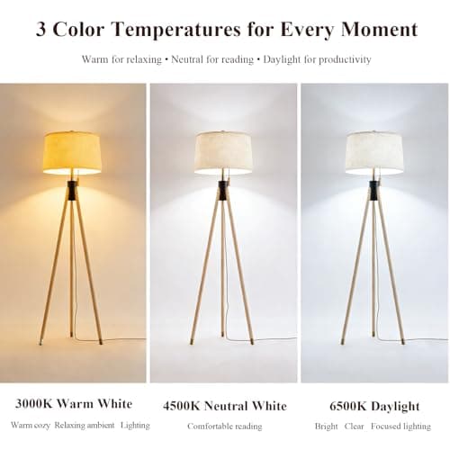 Mid Century Modern Tripod Floor Lamp, Gold Accented Two-Tone Solid Wood Floor Lamp with Black-Finished Solid Wood Center, Linen Shade & Pull Chain, Tall Lamp for Living Room Bedroom Reading Corner - Thumbnail 5