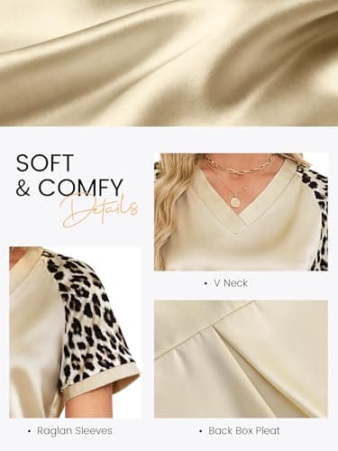 Funlingo Summer Satin Tops for Women Silk Short Sleeve Raglan Shirts V Neck Color Block Floral Blouses Summer Fashion Clothing S - Thumbnail 6