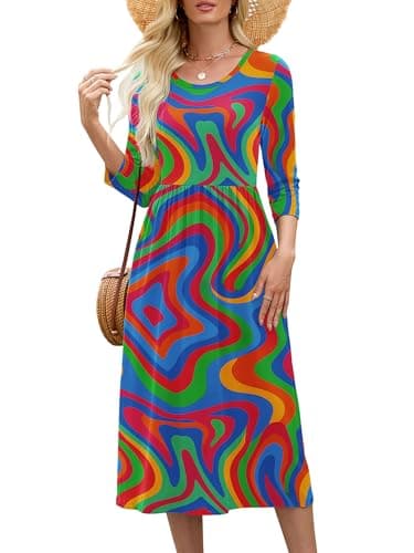 Heymoments Midi Dress for Women Vibrant Medium Crewneck 3/4 Sleeves Wedding Guest A line Casual Flowy Swing Party Vintage Spring Fall Winter Travel 2026 Long Dresses with Pocket - Image 1