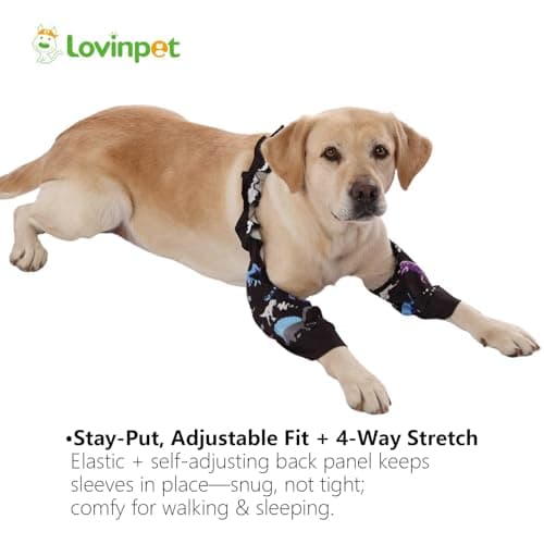 LovinPet Front Leg Sleeves for Medium and Large Dogs, 4-Way Stretch Elbow Protection, Anti-Lick Recovery, Warmth and Callus Prevention, Pair, Dinosaur Print, Black,3XL - Thumbnail 4